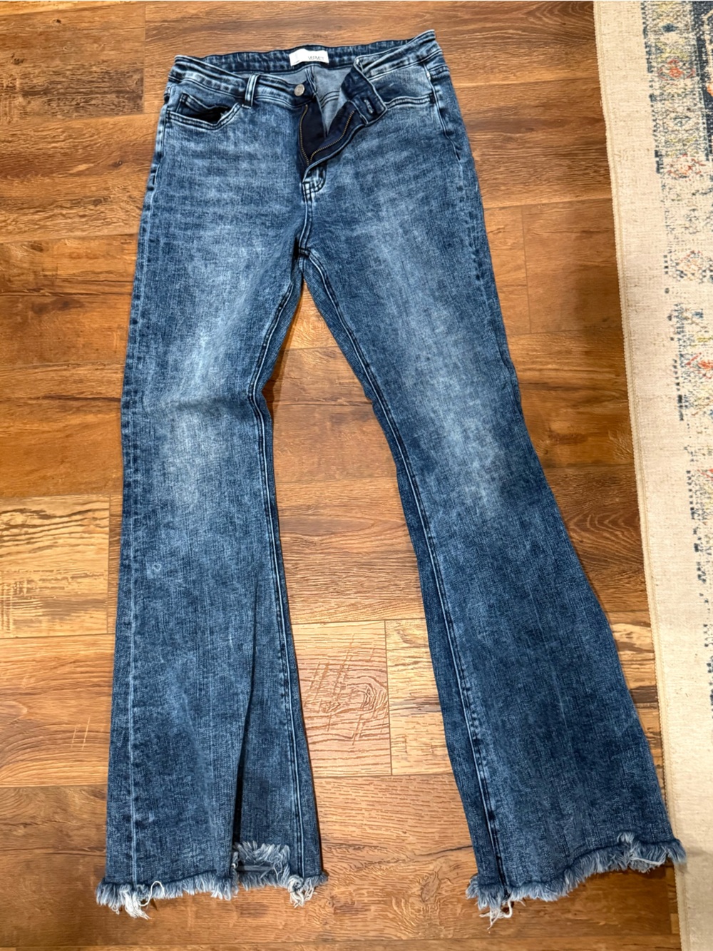 Wide Leg Flare Jeans in Distressed Dark Blue